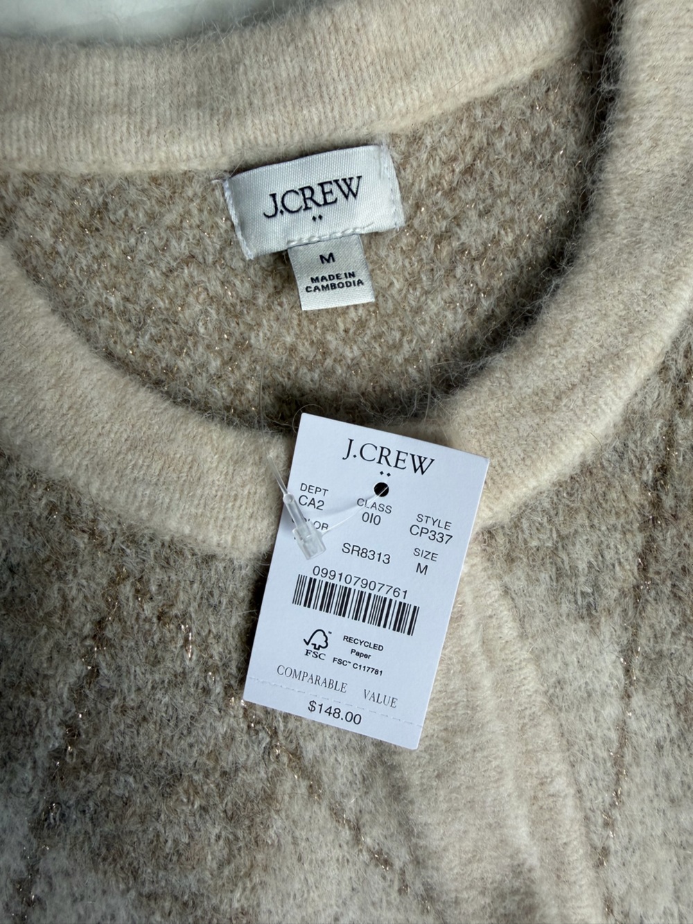 NWT,J.Crew Women’s Cream Argyle Button-Front Sweater Cardigan - Picture 7 of 11